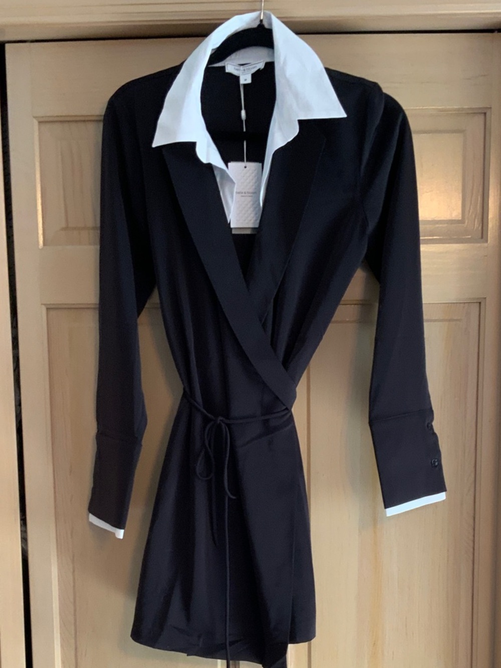 Black Wrap Mini Dress with White Collar - Classic Shirt-Dress Style